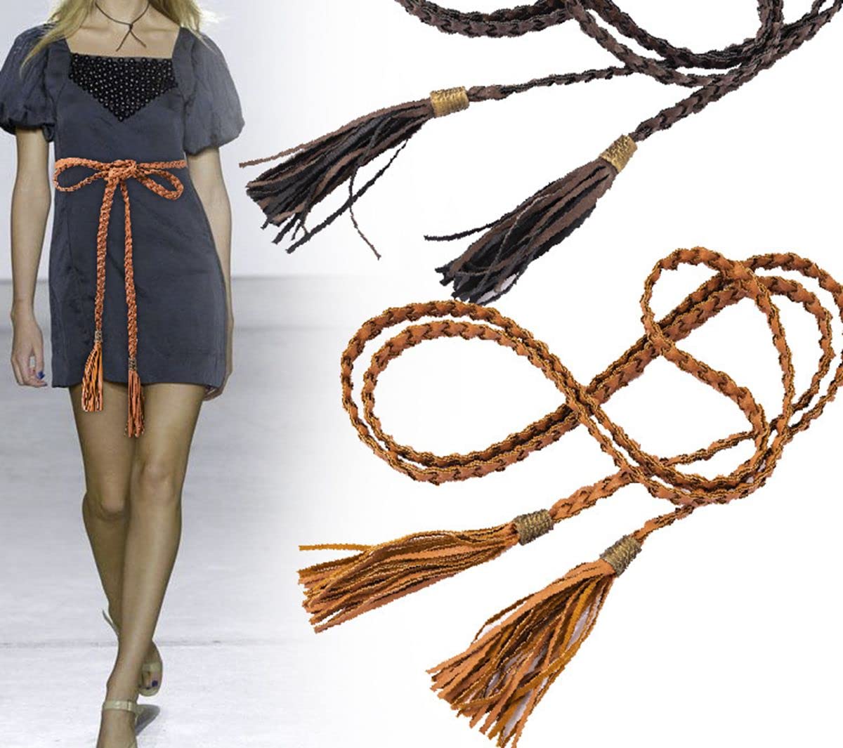 Cintura da donna in tessuto con nappe da 170 cm intrecciate, sottile cintura in vita, intrecciata, con nappe, con vestiti, t-shirt, camicie lunghe
