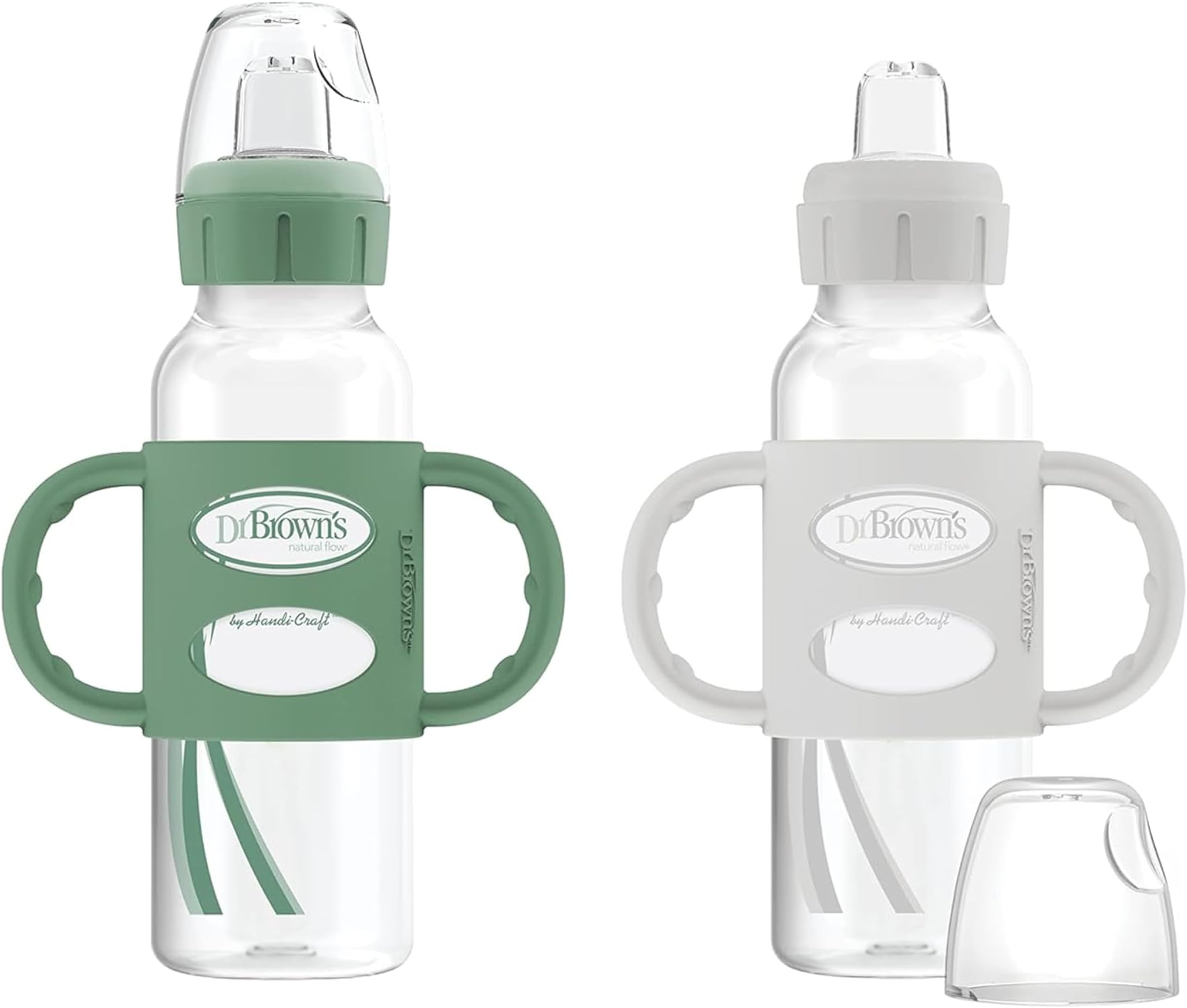 Dr. Brown’s Milestones Narrow Transitional Sippy Bottle with Silicone Handles 8oz 250mL 6m+ Green and Gray 2-Pack