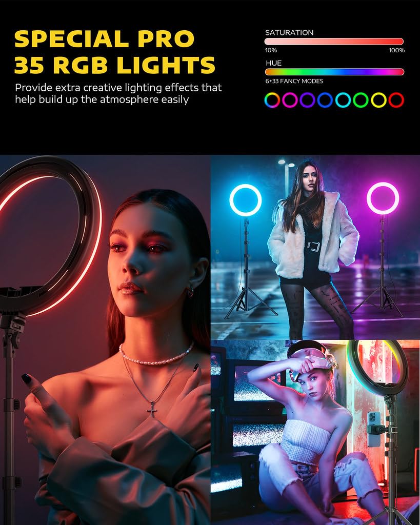 Kaiess 25,9 cm Selfie-Ringlicht mit 165,1 cm verstellbarem Stativständer und Handyhalterung für Live-Stream/Make-up, verbessertes dimmbar, 36 Farbmodi, LED-Ringlicht für Tiktok/YouTube/Zoom/Fotografie