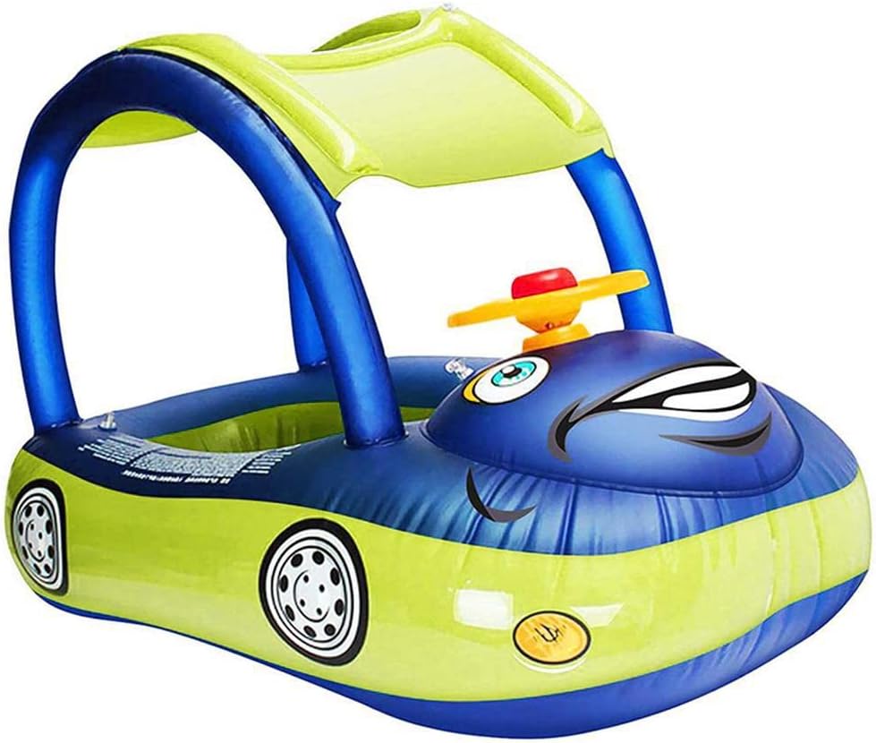 BAFOVY Car Shaped Baby Pool Float with Canopy, Inflatable Swim Boat with Sunshade Steering Wheel Horn for Kids Toddlers Beach Outdoor