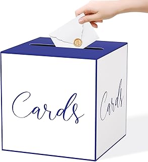 WNINK White and Navy Blue Card Box for Parties, Weddings, Birthdays, Bridal & Baby Showers, Anniversaries, Graduations & Retirements Party Decorations – Cards, Raffle, Wishes & Money Card Boxes