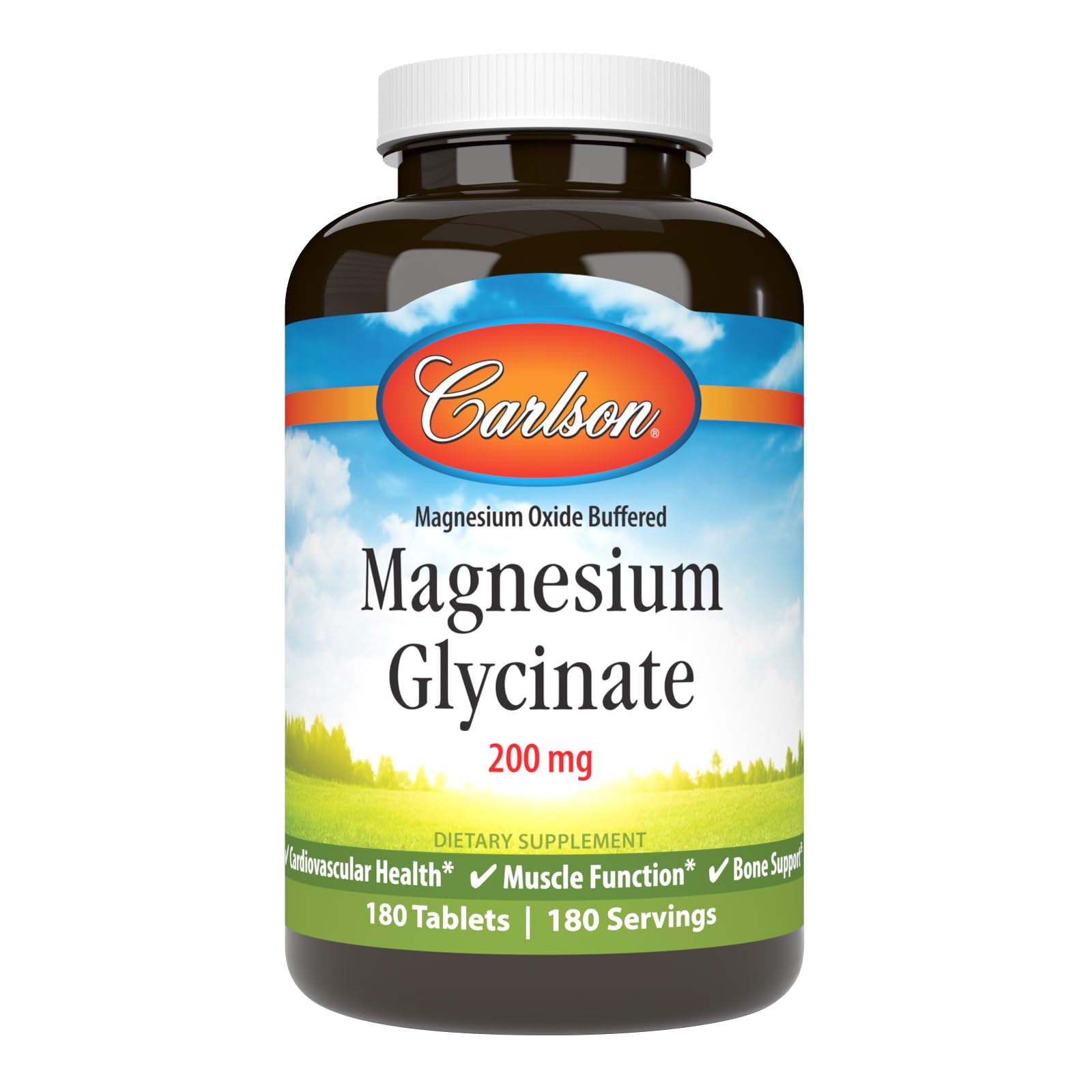 Carlson Chelated Magnesium Glycinate, 200 mg, Muscle Function, 180 Tablets 180 Count (Pack of 1)