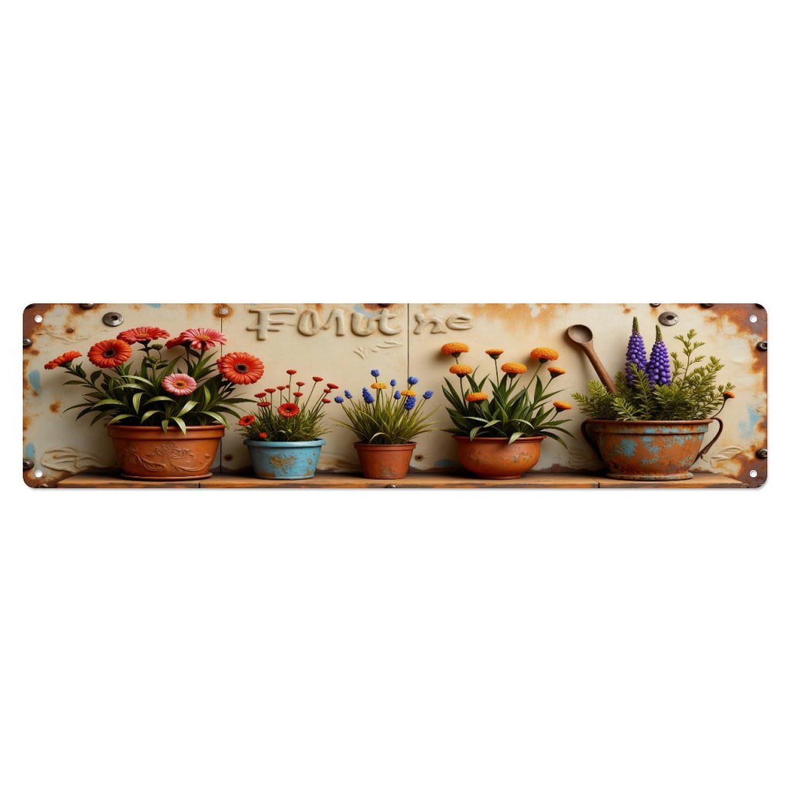 Colorful Potted Flowers On Shelf Metal Tin Sign Plaque