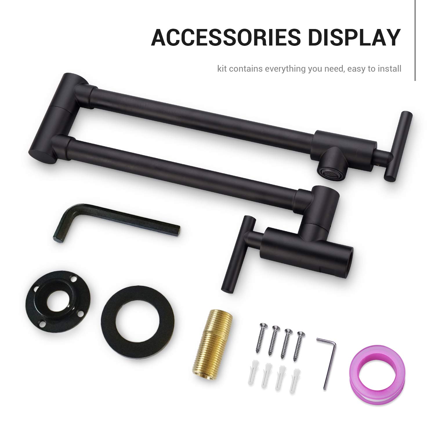 Grifo de llenado de pote KPF-13012B, montado en la pared de acero inoxidable resistente, relleno de olla de cocina con doble articulación elástica plegable brazo oscilante 2 manijas, negro mate