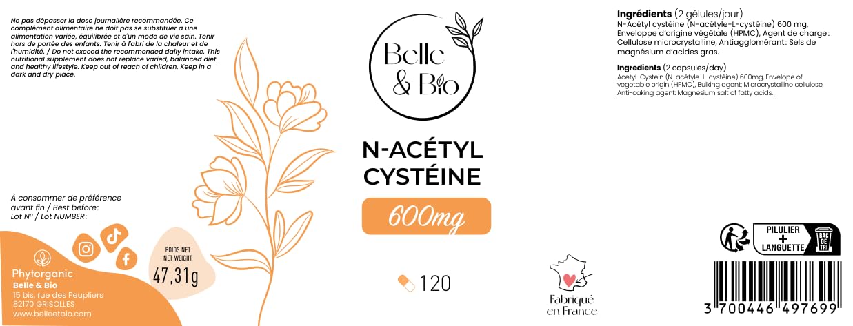 TONUS & SOUTIEN DE L’ORGANISME – N-Acétyl Cystéine – 120 Gélules – Complément Alimentaire BELLE&BIO – Fabriqué en France
