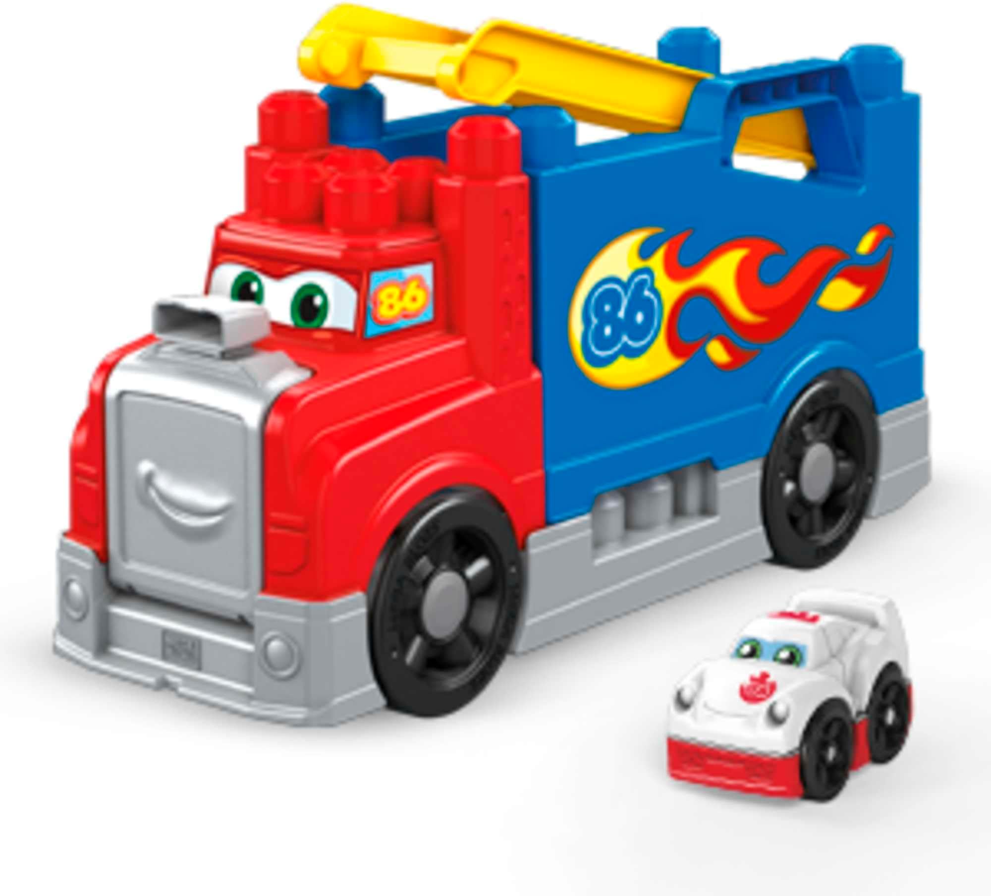 MEGA BLOKS Fisher-Price Toddler Blocks Race Car Building Toy, Build & Race Rig with 16 Pieces, 5 Sounds and Race Track, Red, Kids Age 1+ Years, FVJ01