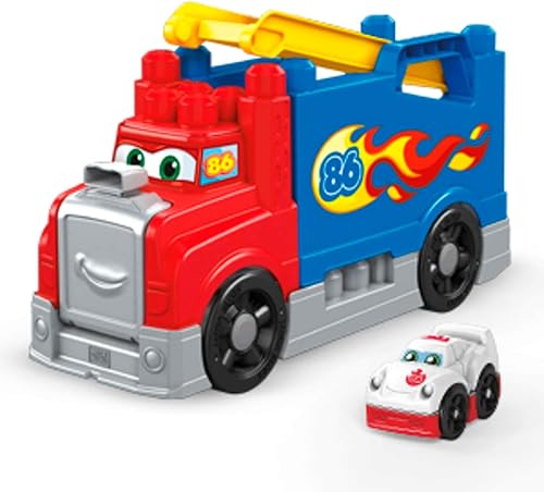 MEGA BLOKS Fisher Price - Juguete de construcción de autos de carreras para niños, 16 piezas, 5 sonidos y pista de carreras, rojo, ideas de regalo