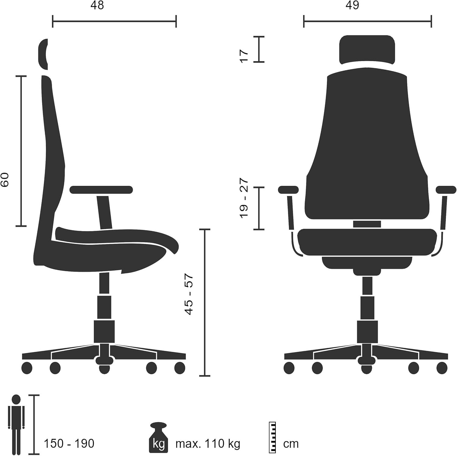 Diagram showing the dimensions of the hjh OFFICE 653010 chair, including height, width, depth, seat height range, and recommended user height and weight.