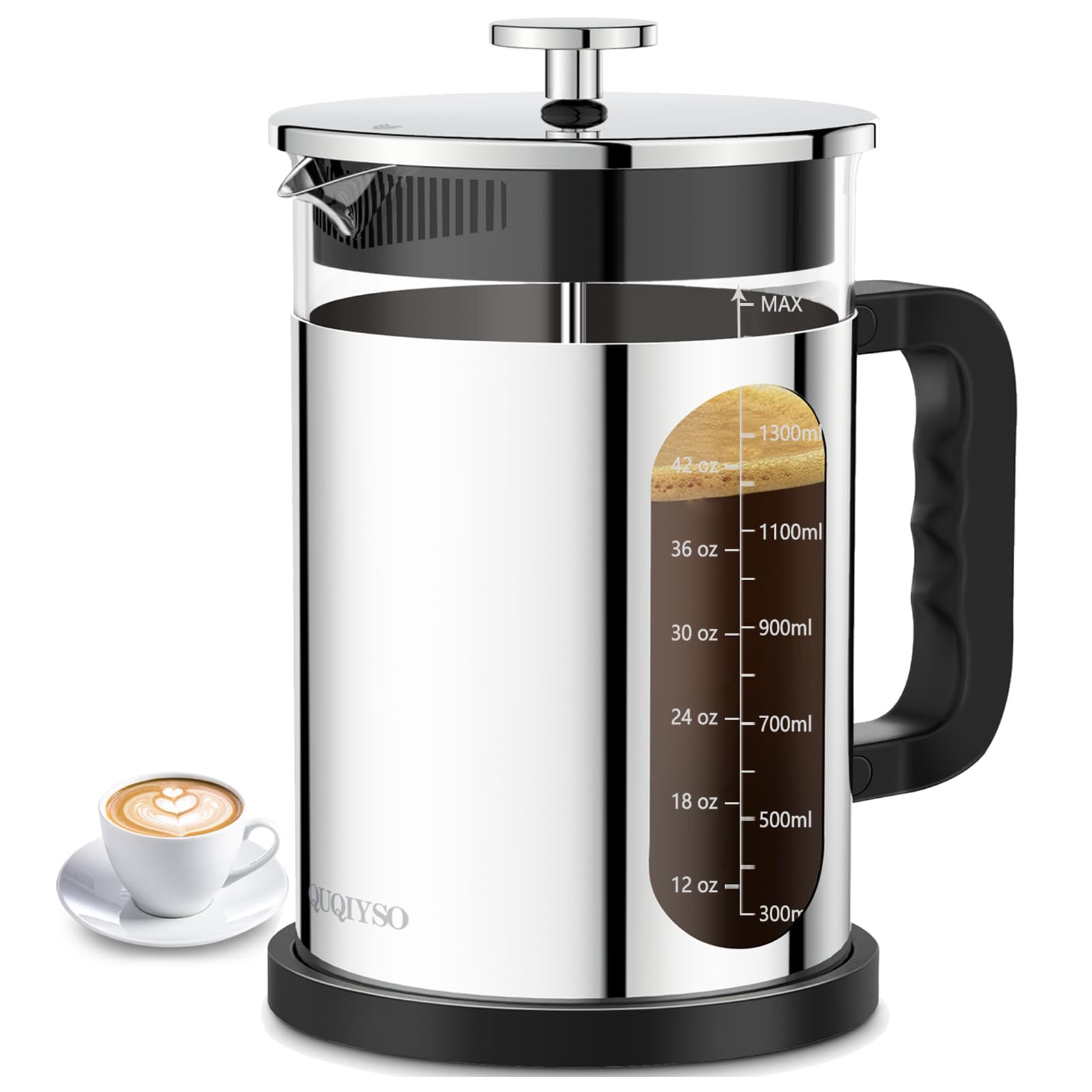 QUQIYSO Cafetera de prensa francesa de acero inoxidable 304 con 4 filtros, prensa de café de vidrio de borosilicato, color plateado