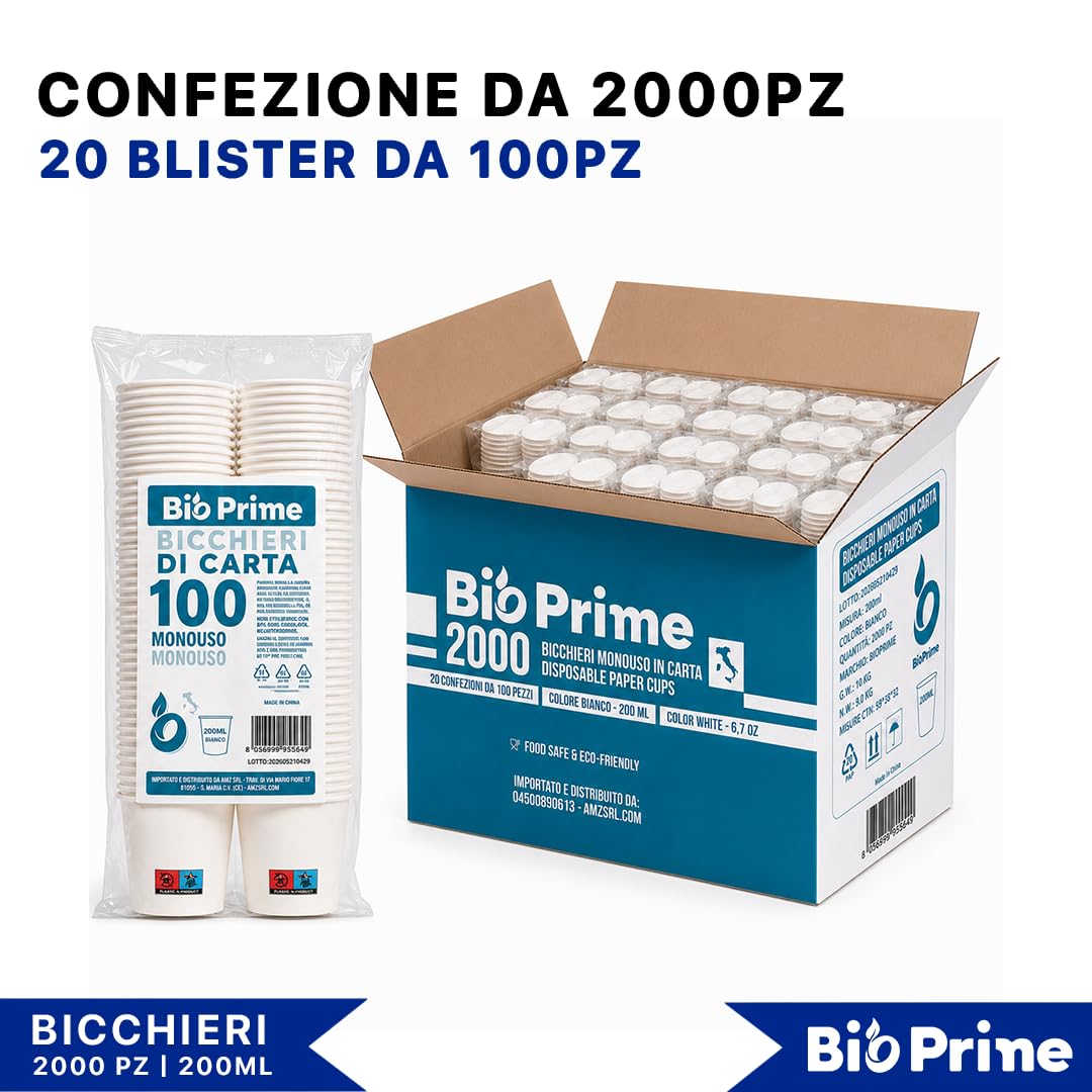 Bicchieri Acqua in Carta 200ml - Biodegradabili - Per Bevande Calde, Acqua e Bibite - Bicchieri Usa e Getta. (Bianco, Quantità 2000pz)