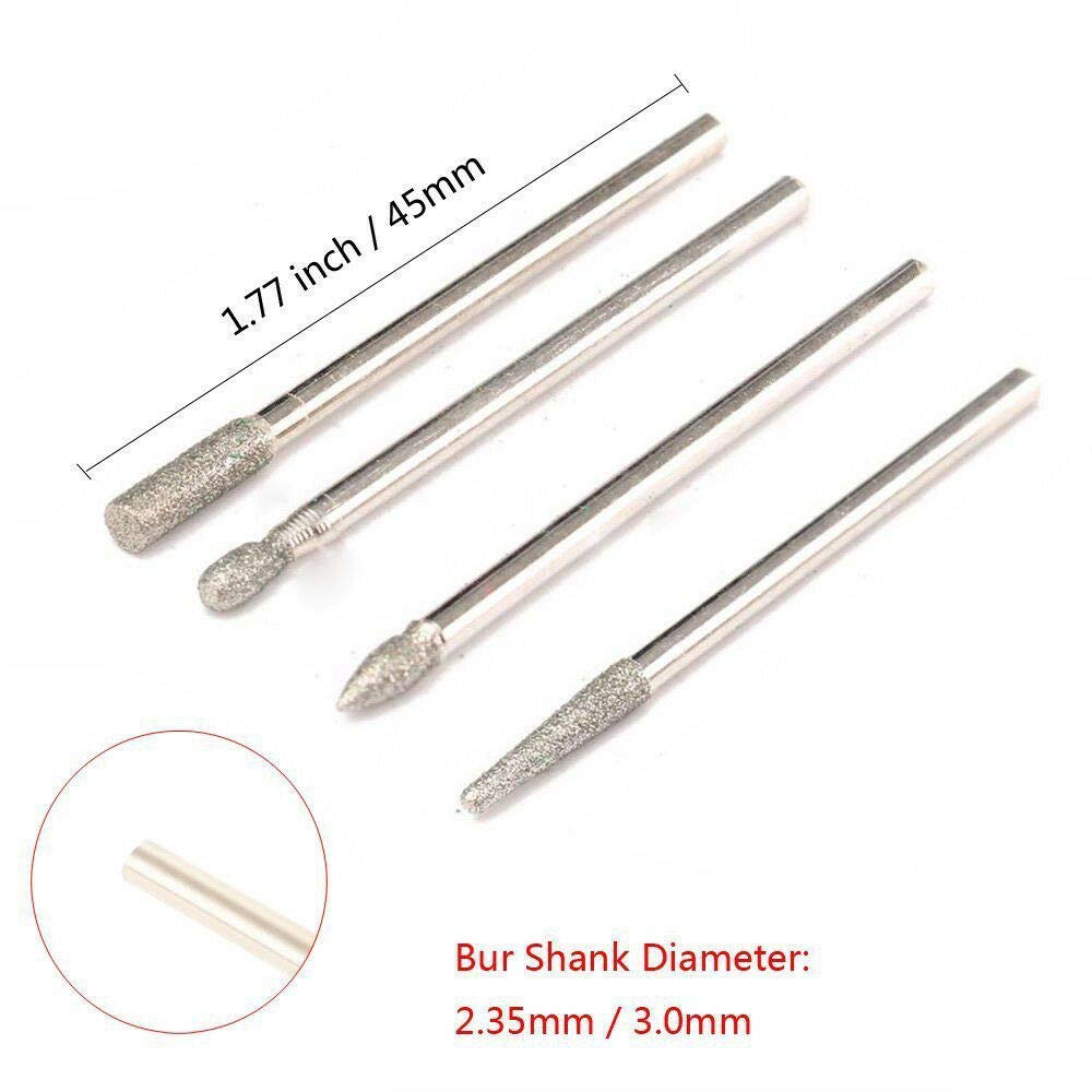 Diamond BurrSet di 30 frese rotanti a gambo da 2,35 mm, per vetro, pietra preziosa, metallo