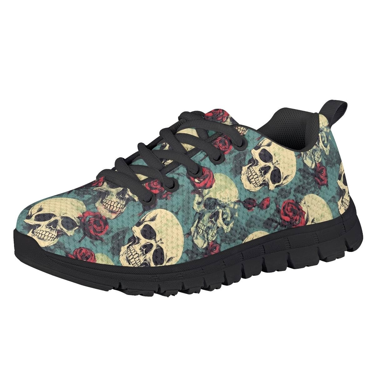 GLUDEAR Unisex Kids Rose Skull Print Sneaker Lightweight Breathable Running Tennis Boys Girls Shoes,Green,13 US