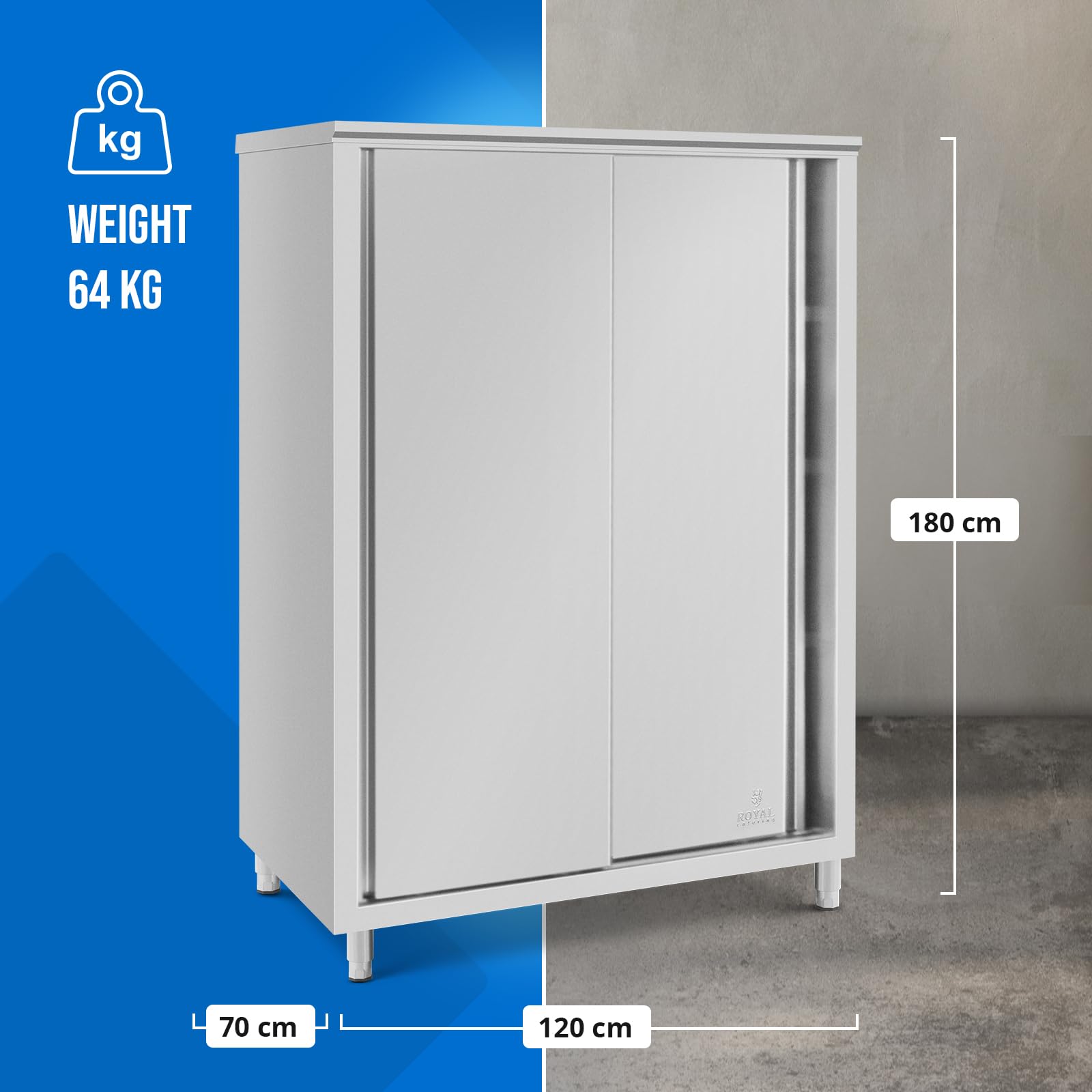 Royal Catering Edelstahl-Geschirrschrank 120 x 70 x 180 cm 3 Einschübe 2 Schubladen einfache Montage höhenverstellbare Füße Hochschrank Vorratsschrank