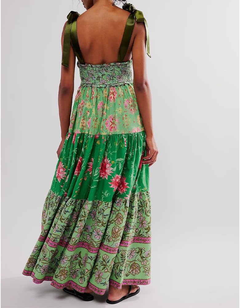 Women Floral Maxi Dress Tie Shoulder Patchwork Smocked Flowy Boho Dress with Pockets Summer Vacation Sundress - Image 3