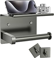 Vista 11 de Tindbea Toilet Paper Holder with Phone Shelf + Towel Robe Hooks, Adhesive or Screw Wall Mounted Toilet Paper Roll Storage, Stainless Steel Bathroom