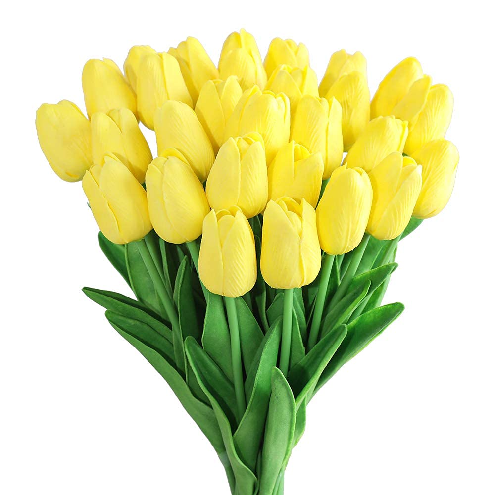 20Pcs Tulips Real Touch Artificial Flowers Fake Tulips, Real Touch PU Stem Faux Latex Flowers, Arrangement Bouquet for Home Office Wedding Decor (Yellow)