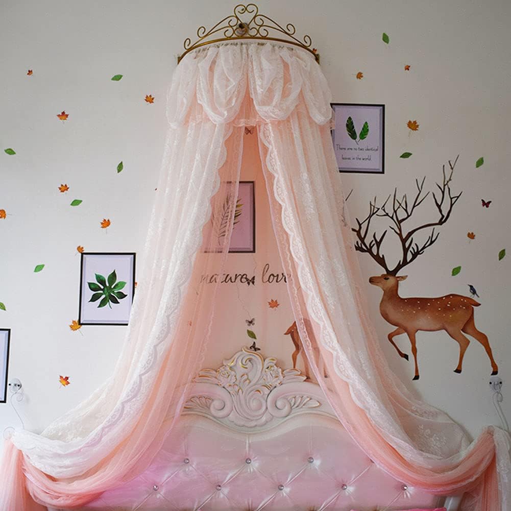 Bed Canopy for Children Bedding Playing Reading with Round Lace Dome Netting Curtains Baby Boys and Girls Games House (Light Pink)