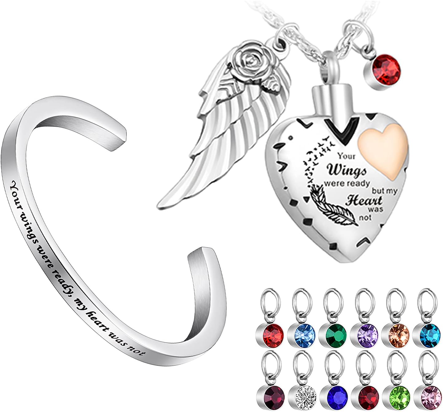 Dletay Urn Bracelet Cremation Bracelet for Ashes Heart Cremation Necklace for Ashes with 12 Birthstones -Your Wings were Ready but My Heart was Not