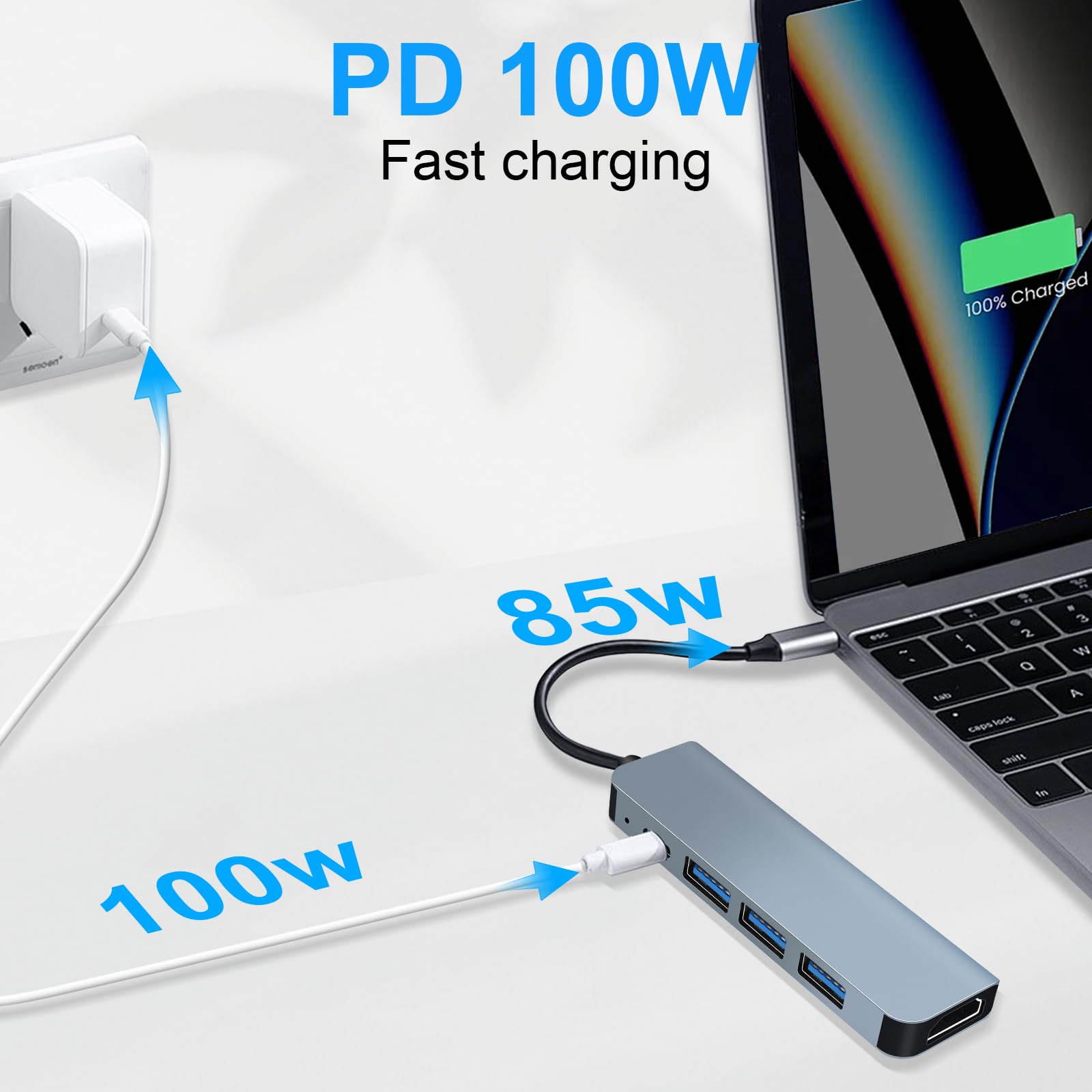 Hub USB-C HDMI 4K PD 100W Charge 5 en 1 Adaptateur Multiport Compatible MacBook Pro/Air iMac iPhone Samsung Galaxy