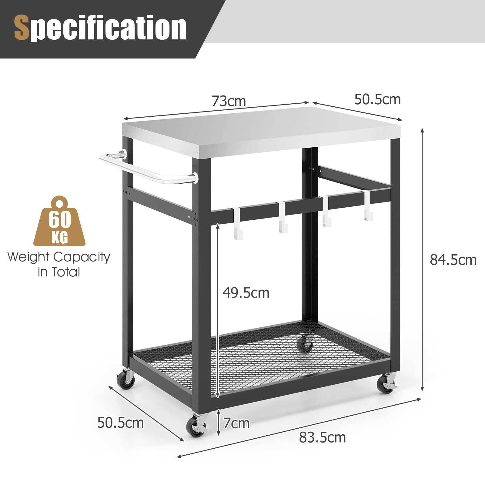 KOMFOTTEU Carrito de Servicio 2 Niveles con Ruedas, Carro Auxiliar con Encimera de Acero Inoxidable, Carro para Parrilla con 4 Ganchos, Mesa de Trabajo Industrial, 83,5 x 50,5 x 84,5 cm (2 Niveles)