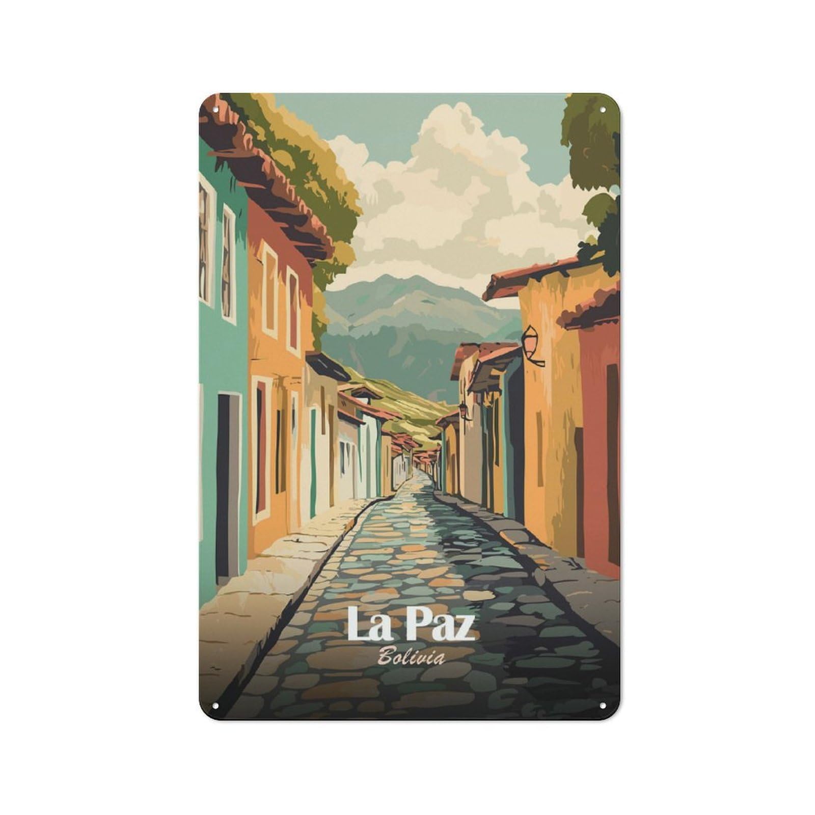 Junmoney Style-24 Tin Sign 30X20cm With La Paz, Bolivia Street View Illustration For Hallway Wall, Rustic Decor, For Vintage Wall Decor Fans, For Garage And Workshop Walls