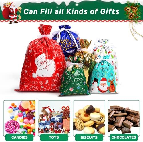 30Pcs Christmas Drawstring Gift Bags, Assorted Sizes Holiday Foil Gift Wrapping Bag with Ribbon Ties and 30pcs Tags, Reusable Pouches Kids Presents Candy Cookies Sack Bulk Set for Xmas Party Favor