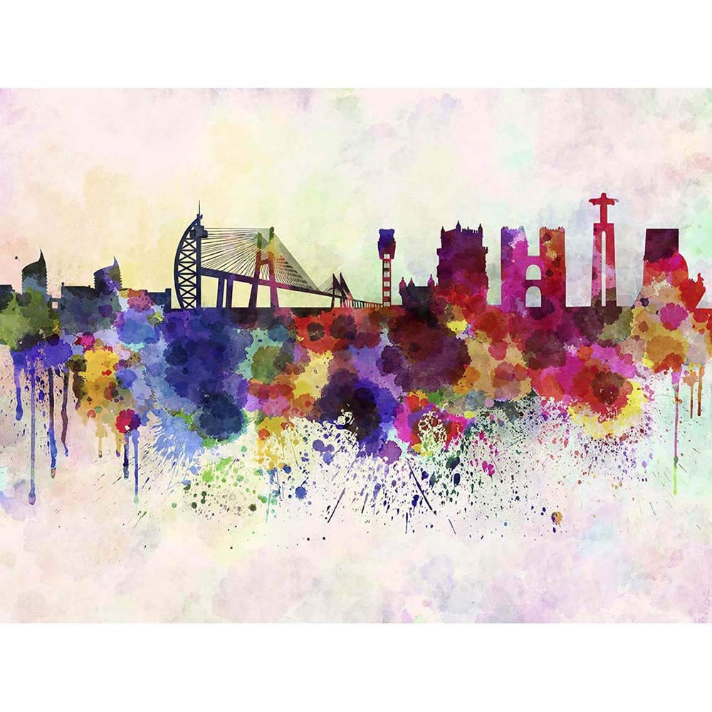 Wee Blue Coo Painting Illustration Cityscape Paint Splash Skyline Lisbon Art Print Poster Wall Decor 12X16 Inch