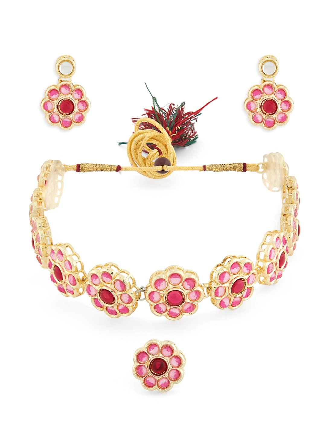ZAVERI PEARLS Pink Meenakri Flowers Kundan Necklace Earring & Ring Set For Women-ZPFK13203 (B09ZHLRGDX) Amazon Price History, Amazon Price Tracker