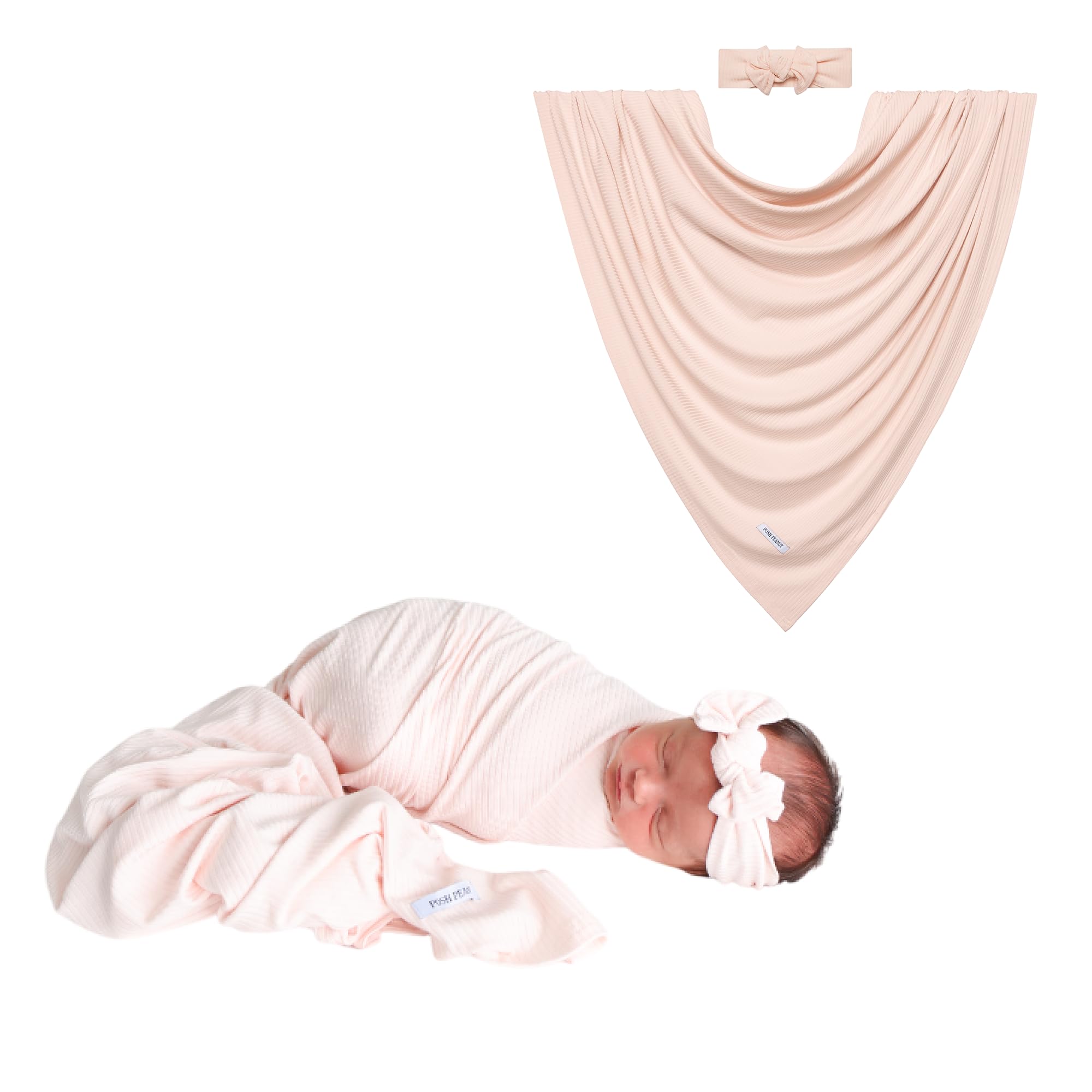 Posh Peanut Swaddle Blanket & Headband Set – Viscose from Bamboo Stretchy Baby Swaddle for Newborn Girls, Receiving Blanket or Nursing Cover (Sandy Blush)