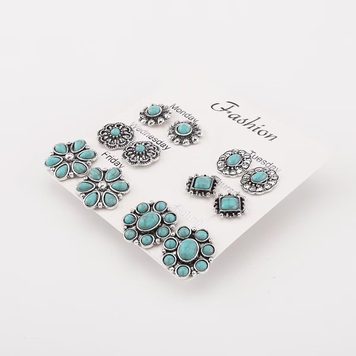 Blue Drop 6 Pairs Turquoise Earrings Geometric Oval Round Flower Cowboy Cowgirl Western Earrings for Women Vintage Ethnic Boho Jewelry - Image 3