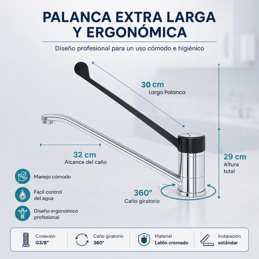 GOLDMAN SERVICE | Grifo de Codo Gerontológico Monomando, Palanca Larga 30 cm, Caño 360°, Grifo Sanitario e Higiénico para Hospitales, Clínicas, Laboratorios y Cocina Profesional