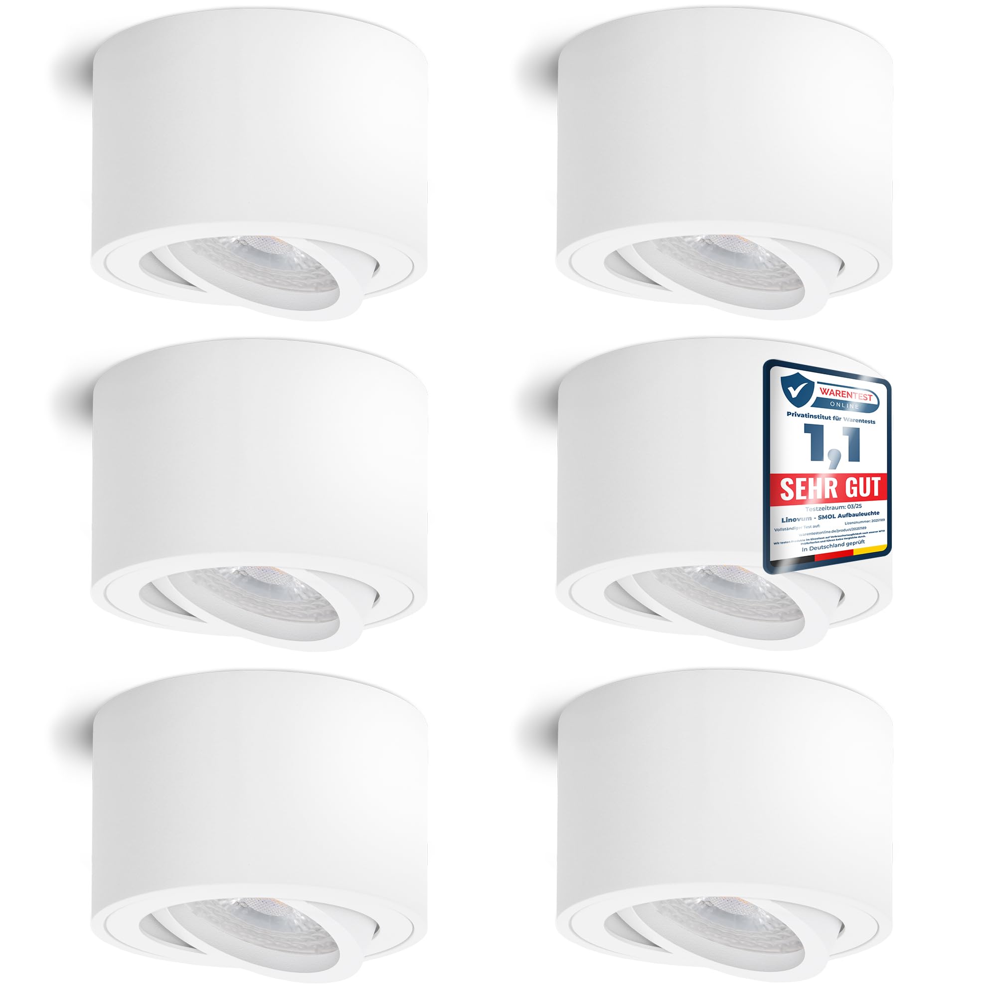 linovum 6 Stück Aufbauleuchte SMOL schwenkbar in weiß matt & rund mit LED 4W warmweiß 230V