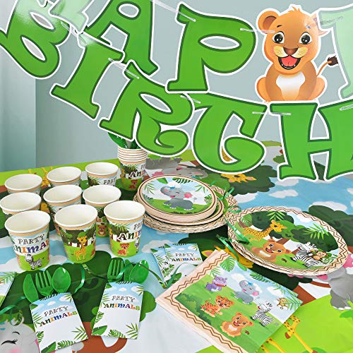 Wernnsai Jungle Safari Theme Party Supplies Set - Zoo Animals Party Decorations & Tableware Kit For Kids Birthday Table Cover Plates Cups Napkins Utensils Cutlery Bag Banner Serves 16 Guests 153 Pcs #TOP3