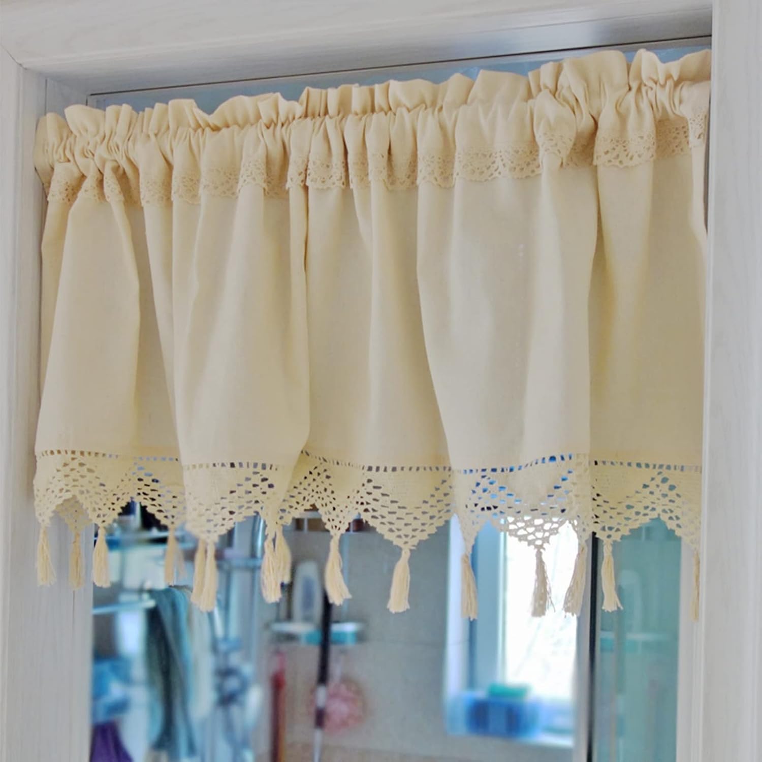 Cotton Linen Kitchen Curtain Valance Beige, Cutwork Tassels Tier Curtains, for Living Room, Farmhouse, Bedroom, Cafe Decor Windows Blackout, Rod Pocket (Size : W150xH80cm/59x31.5in)