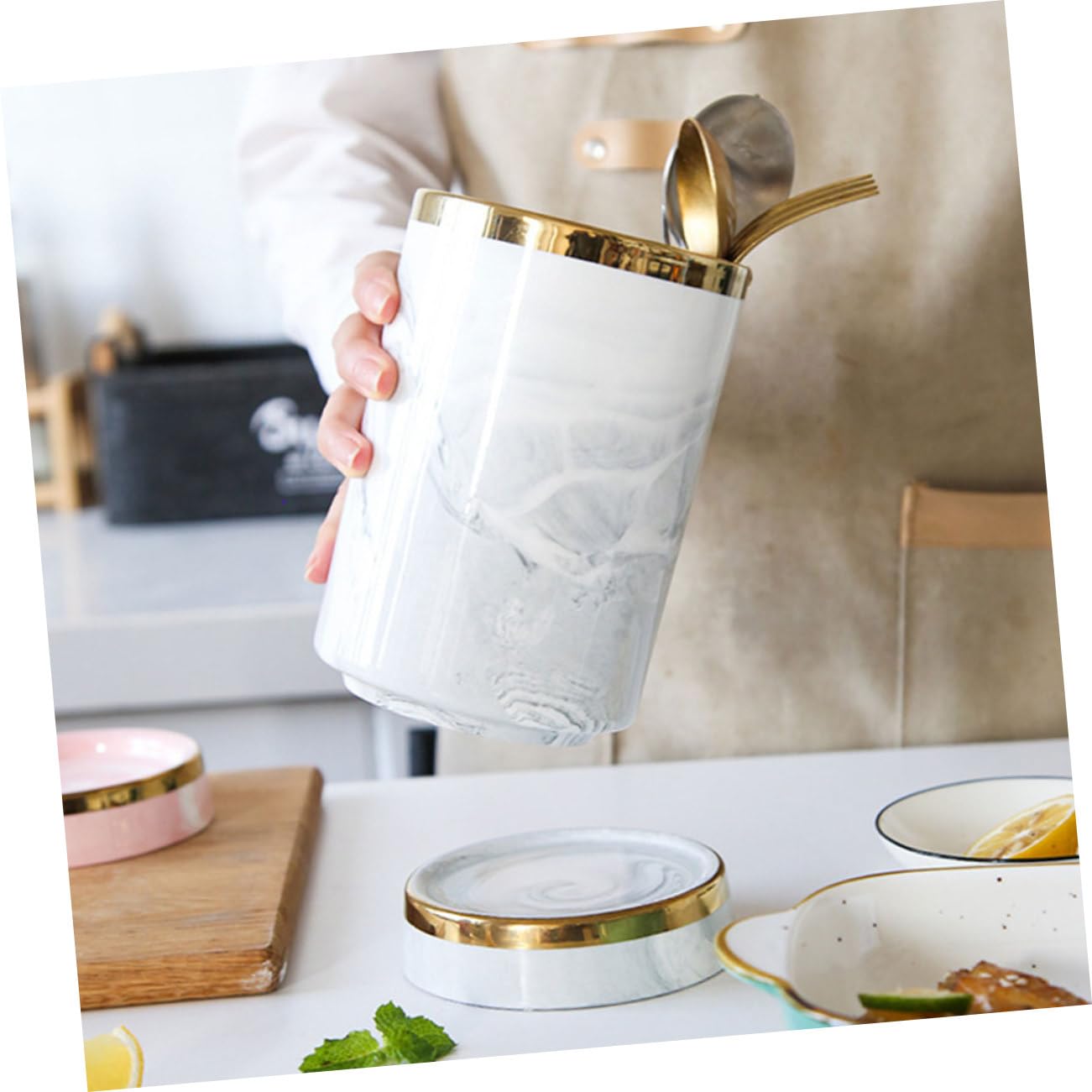 Portautensili da Cucina Porta Bacchette e Posate Moderno in Ceramica Finitura Effetto Marmo Design Decorativo , per Conservare Utensili in Cucina