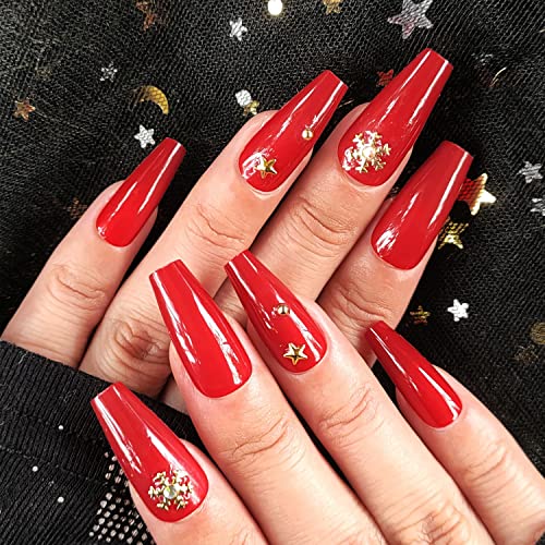 Christmas Red Press On Nails Medium Length Coffin Fake Nails False Nails Full Cover Glossy Nail Tips 24PCS for Women and Girls