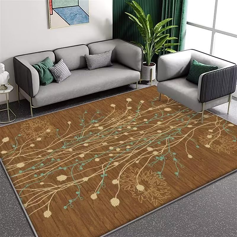 Tapis de salon polyester beige fleurs brunes 80x120cm rug