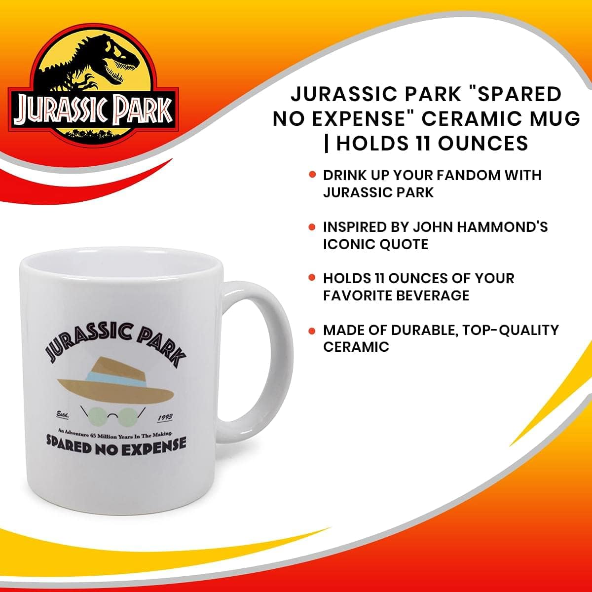 Surreal Entertainment Jurassic Park Spared No Expense Ceramic Coffee Mug | Official Steven Spielberg Movie Collectible | Oversized Cup For Home Kitchen Bar Set, Novelty Drinkware | Holds 11 Ounces