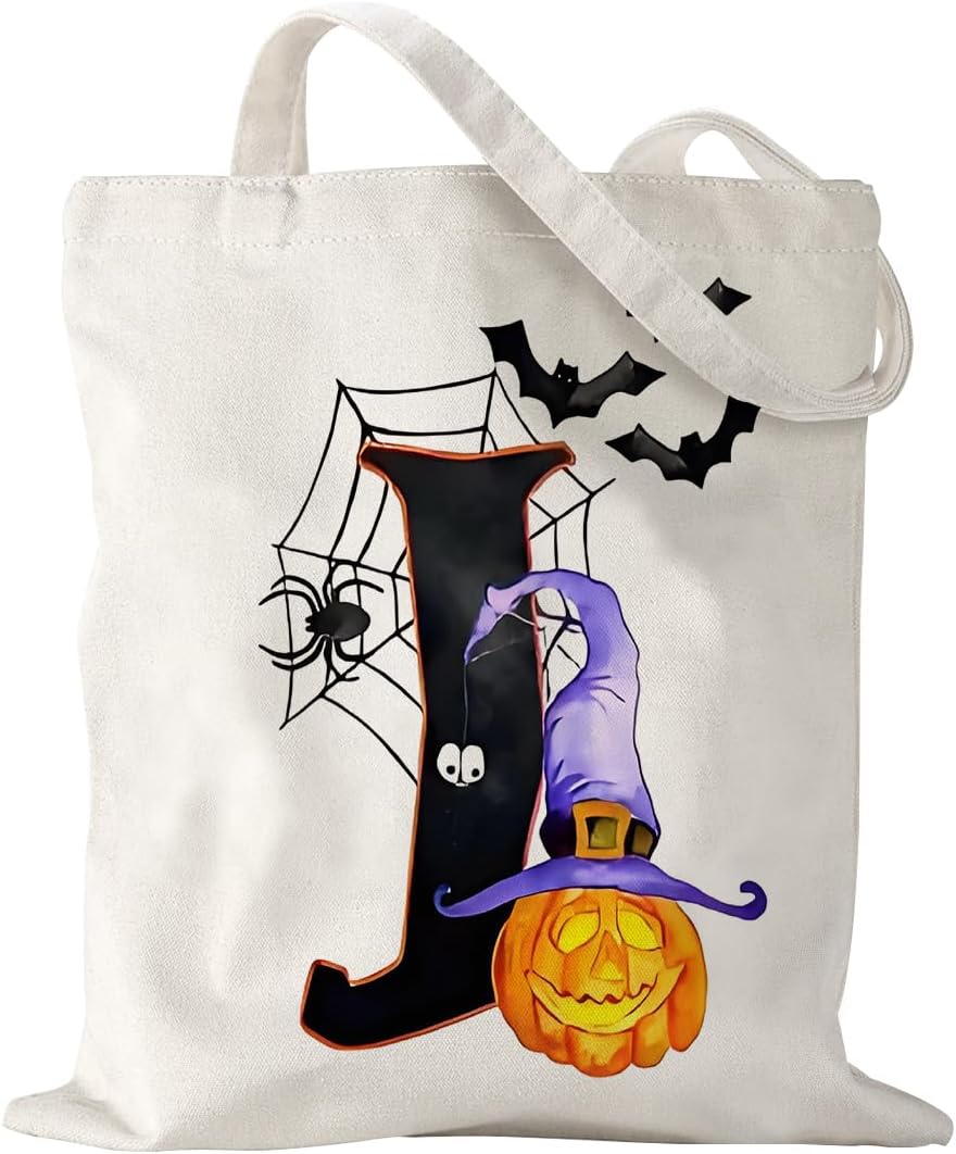 Halloween Canvas Bag with Initials for Women Friends Personalized Initial Mother's Day Bridesmaids Bride Tote Bag J