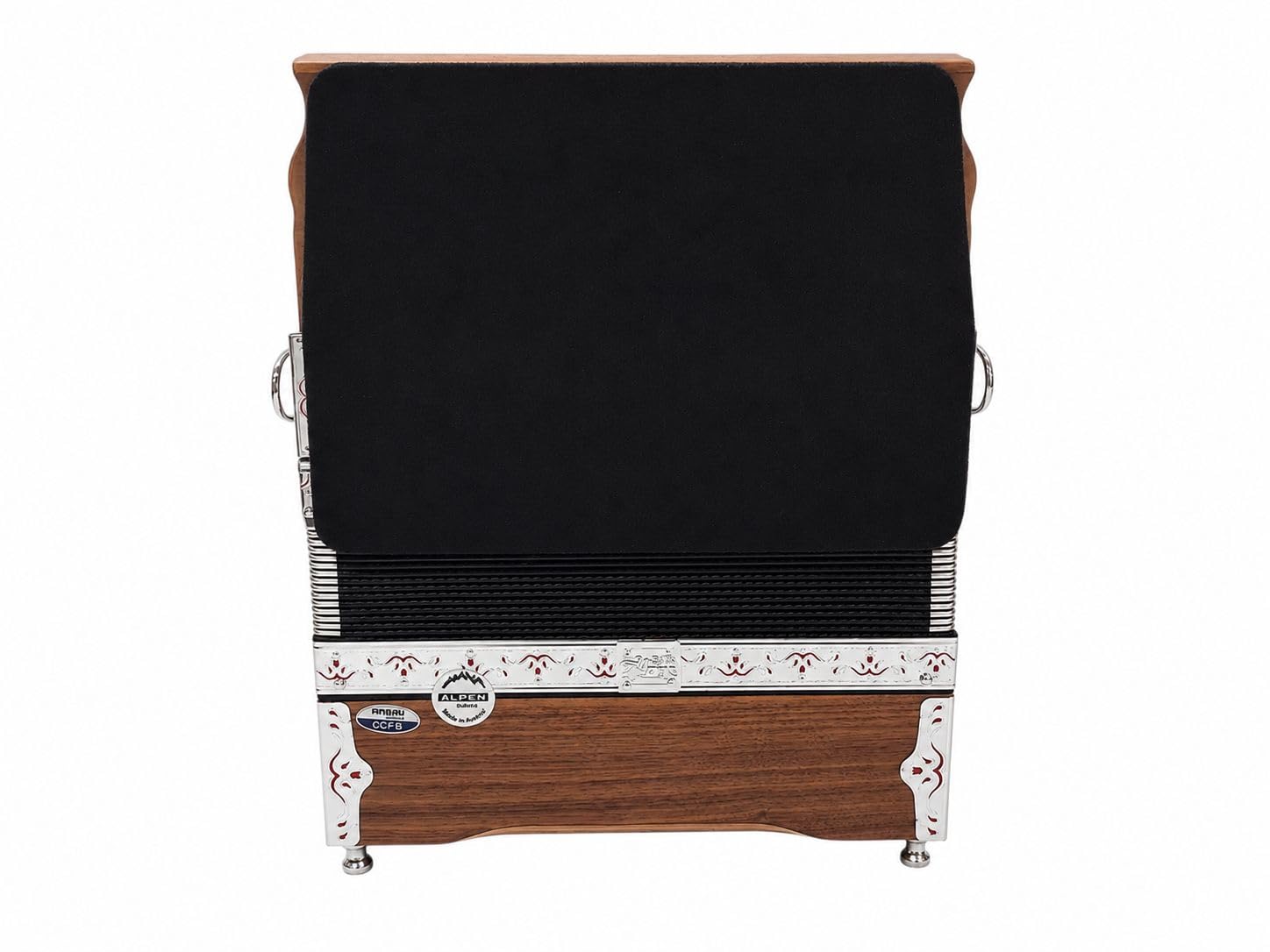 Steirische Harmonika Alpen Compact Nuss G/C/F/B – 4-reihig, 2-chörig, X-Bass, Mollbässe, Halbtöne, 44 Diskant, 16 Bass, Kinderharmonika, Reiseharmonika, inkl. Luxuskoffer & Rucksack