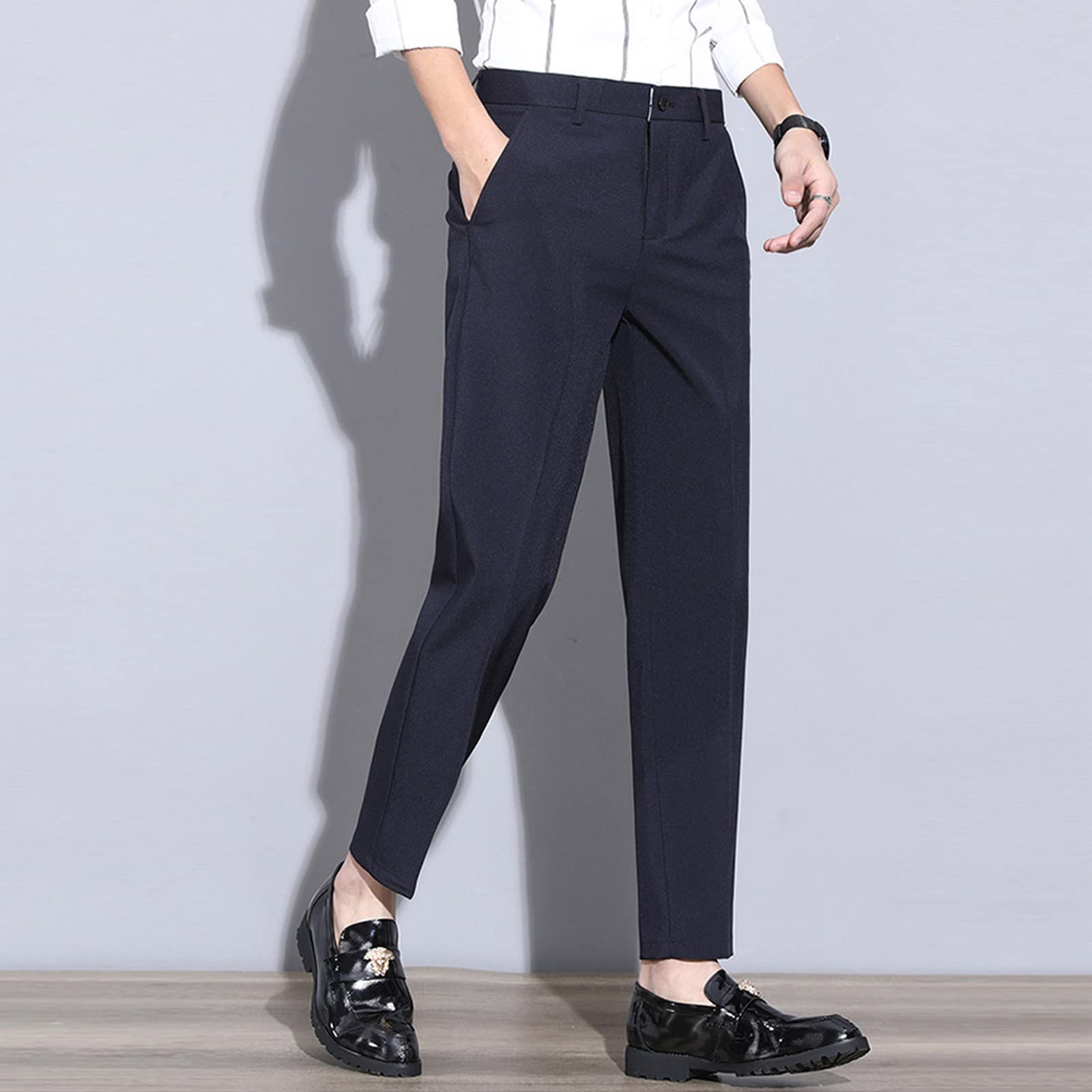 Men's Business Comfort Pant Casual Straight Fit Tapered Wedding Suit Pant Classic Lightweight Loose Fit Trousers (Blue,33)