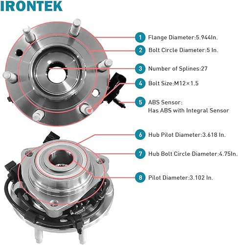 Miniatura 4 de IRONTEK 513188 Conjunto de cubo de rodamiento de rueda delantera para 02-09 para Chevy Trailblazer (EXT), 03-08 para Isuzu Ascender, 04-07 para