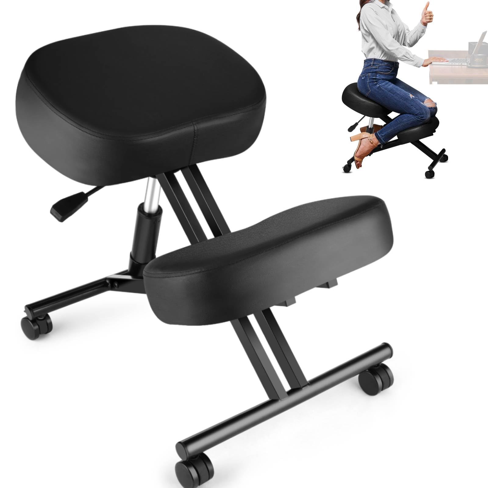 Ergonomic Kneeling Chair, Meditation Chair with Height Adjustable and Cushion for Home and Office, Posture Office Stool with an Angled Seat and Casters