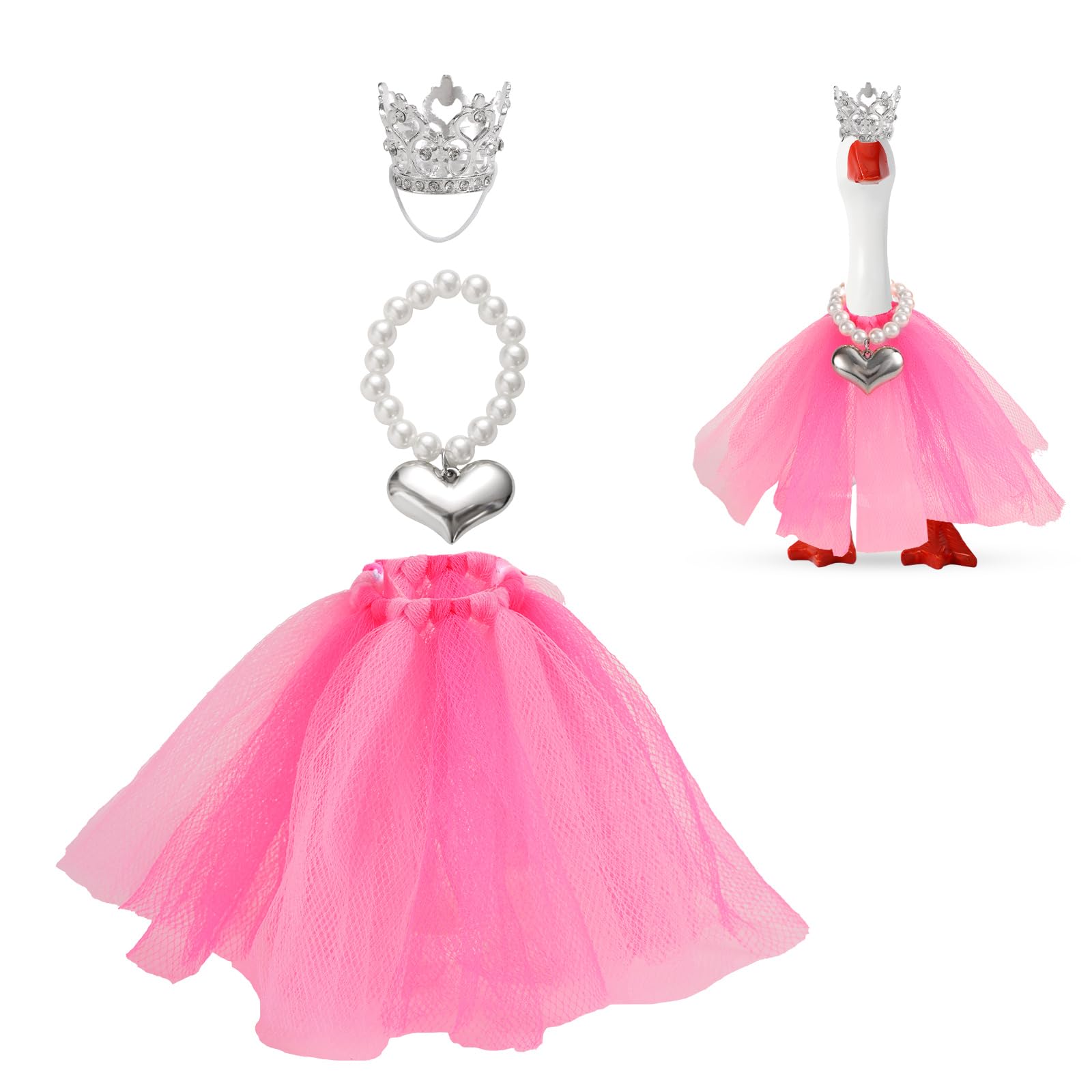 Penitue 3 Pcs Mini Desk Goose Outfit Set, Small Crown Heart Necklace & Tutu Skirt Tiny Pink Princess Costume for 7in/17.8cm Magnetic Miniature Goose Statue Keychain Decoration
