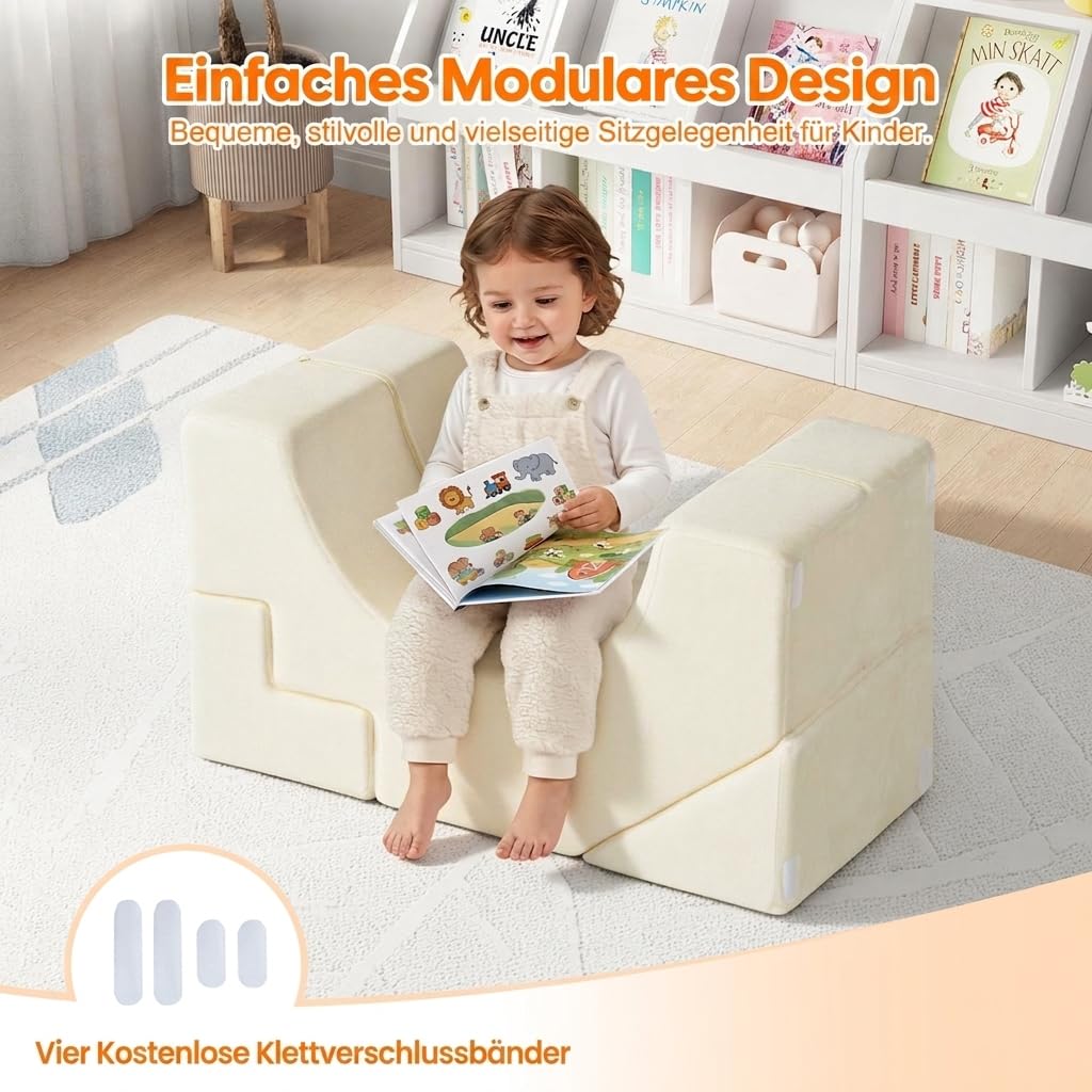 MeMoreCool Kindersofa Beige Fuer Leseecke Kinderzimmer, Ausklappbares Spielsofa mit Sitz- und Liegefunktion, Weiches Schaumstoff Mini Sofa mit Abnehmbarem Bezug ab 1 Jahr
