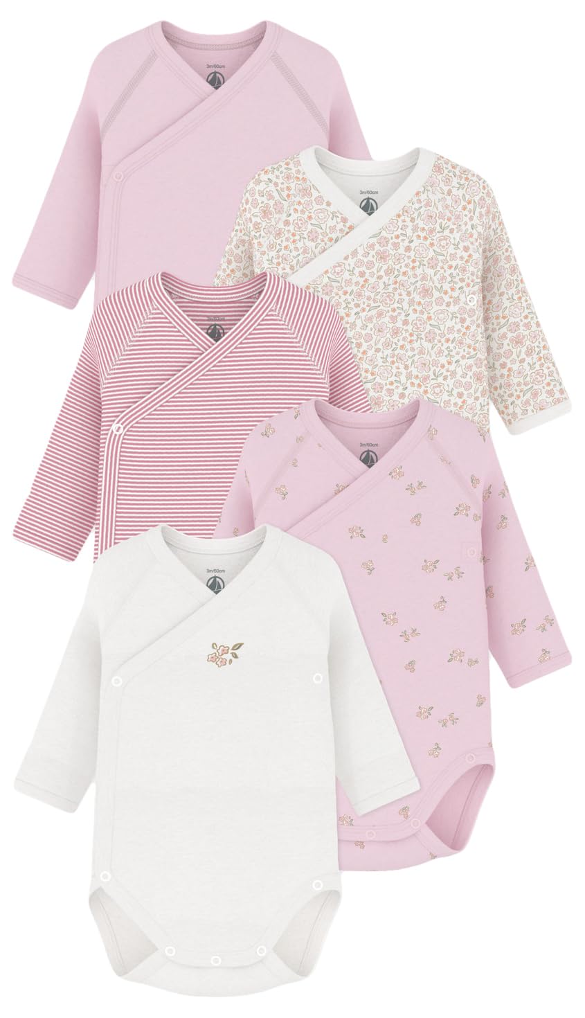 Petit Bateau Lot de Bodies Croisés Manches Longues en Coton Imprimé Bébé, 3 Mois, Variante 1