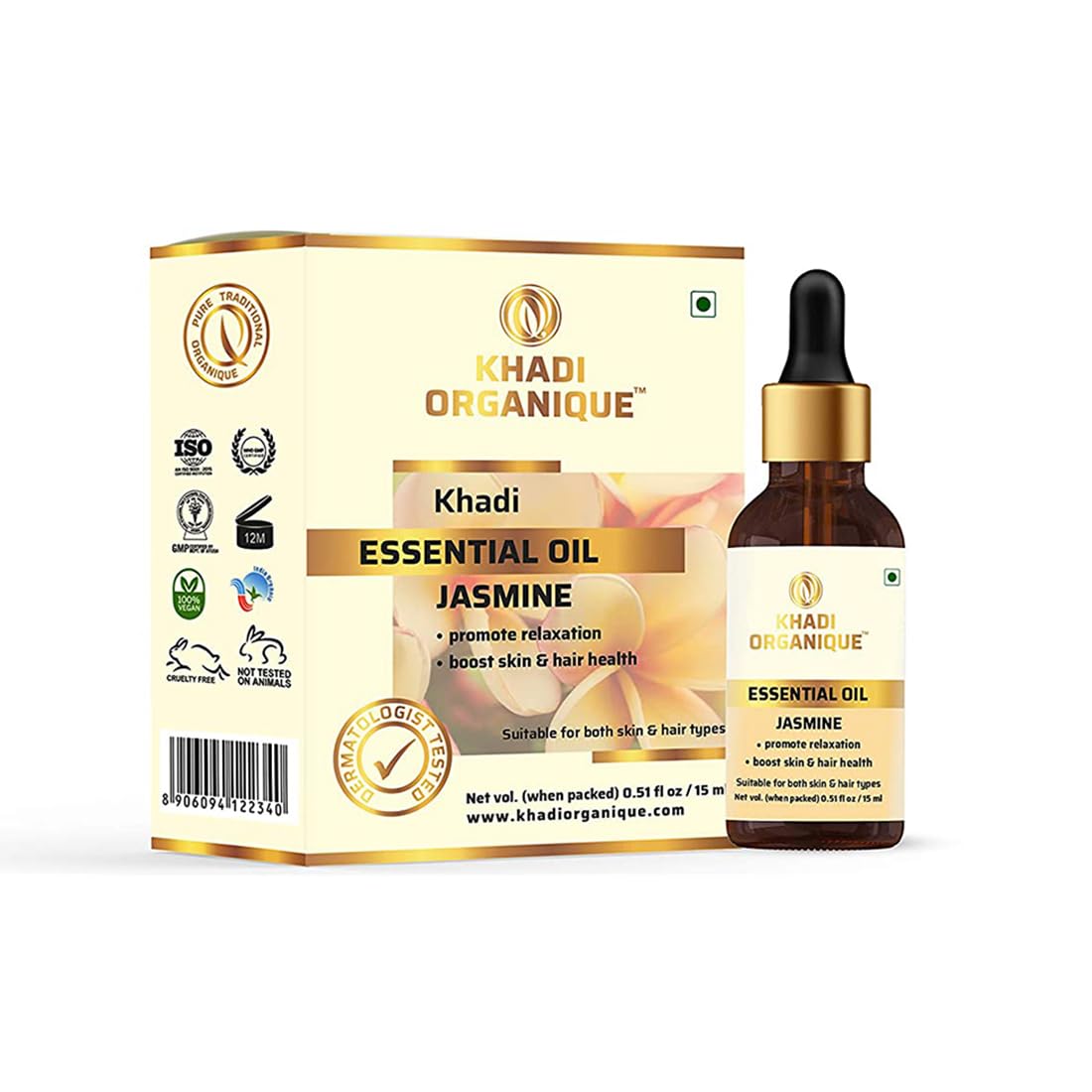 Khadi Organique Jasmine Essential Oil for Hair Growth, Anti-Acne, Skin Brightening & Stress Relief | 100% Pure Natural, Therapeutic Grade Aromatherapy Oil for Diffuser, Massage & Meditation - 15ml
