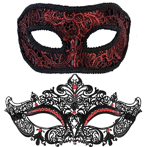 Couples Masquerade Masks for Women Men Couples Roman Lace Burlesque Mask Halloween Costume Cosplay Mardi Gras Feather (Black/Red Luxury Set)