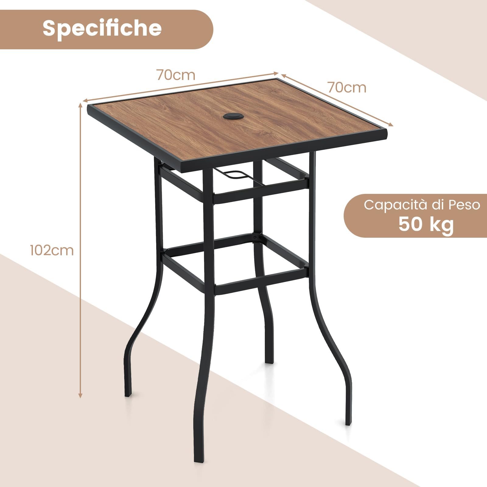 COSTWAY Tavolino da Giardino Quadrato in Finta Legno con Telaio Metallico