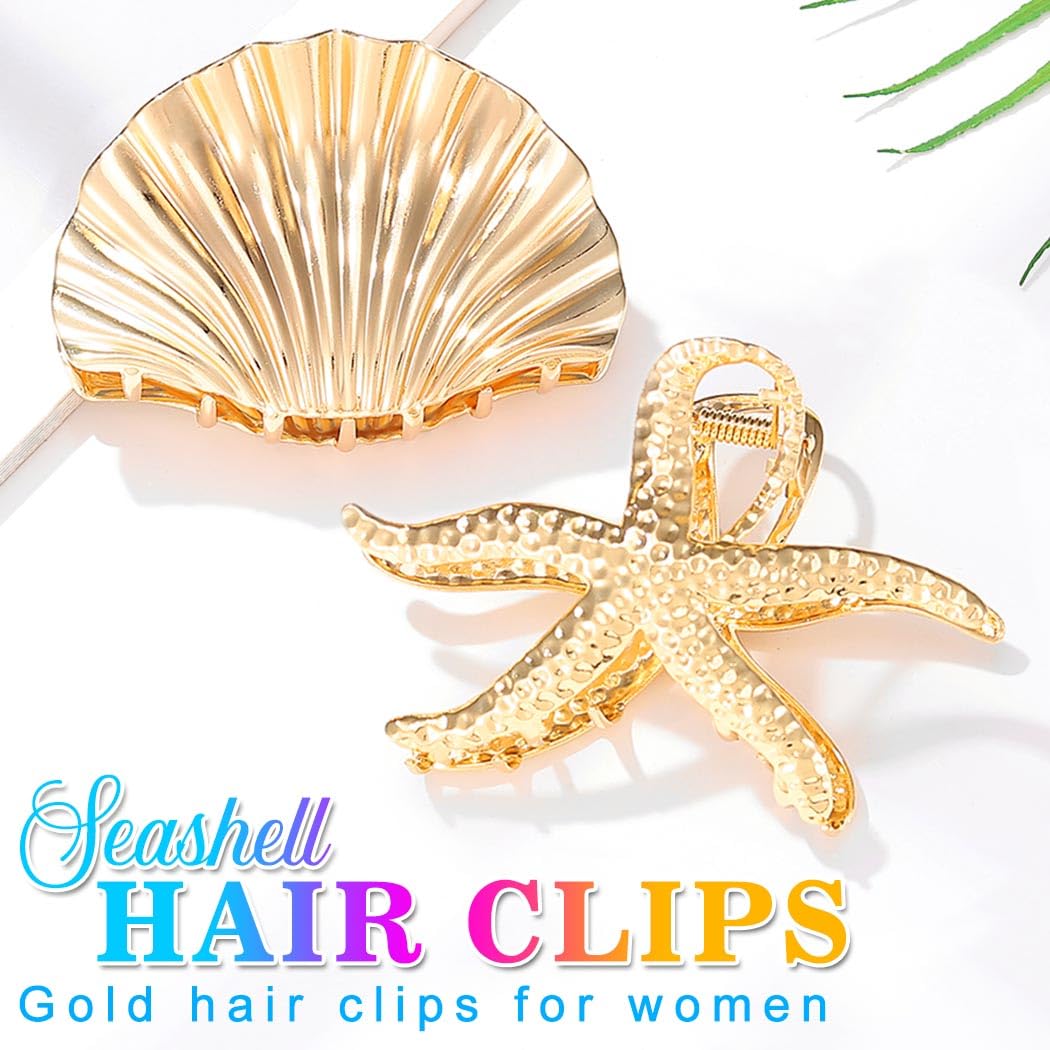 CAKURE Seashell Hair Clip Gold Starfish Hair Claw Clips Beach Claw Clips Hair Accessories for Women (Pack of 2) (a-gold) - Image 2